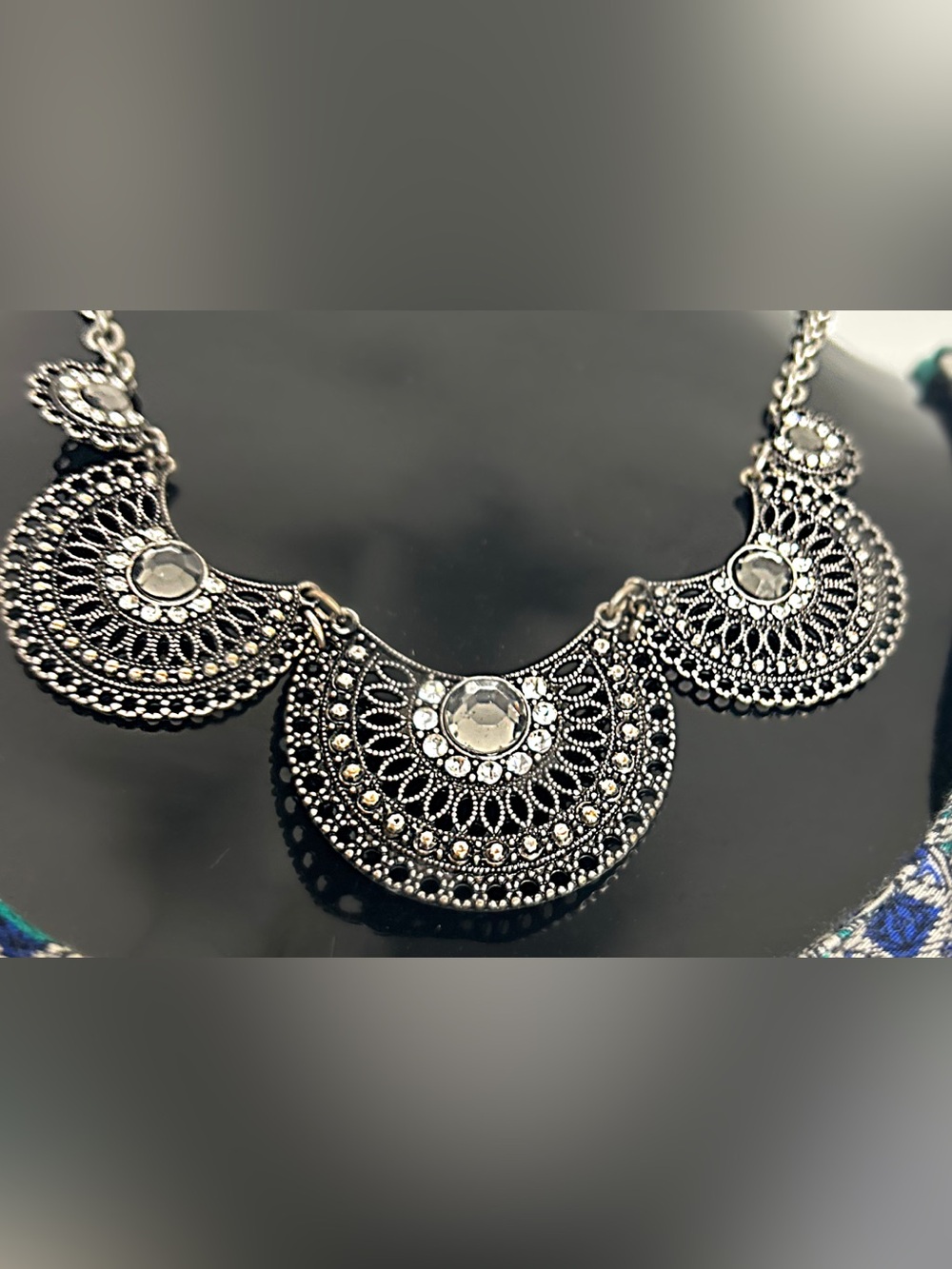 Antique Silver Filigree Statement Necklace - Black and Silver